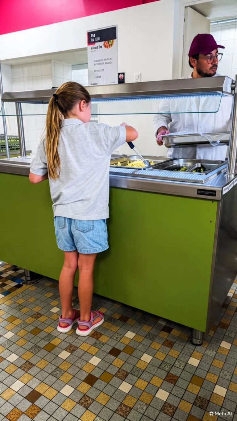 Une élève se sert elle-même au buffet de la cantine