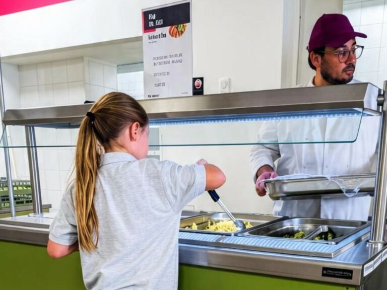 Une élève se sert au buffet de la cantine, sous le regard du chef